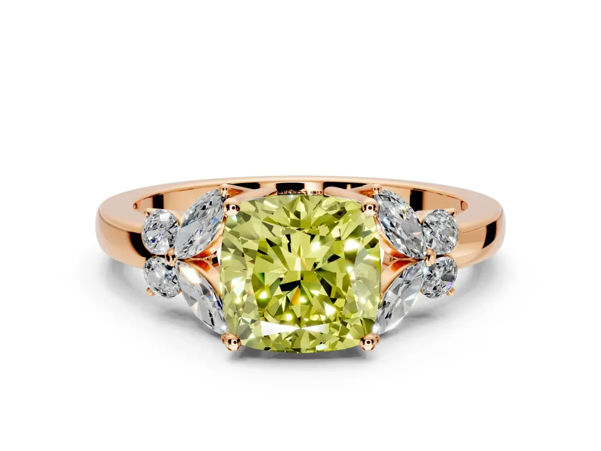 Solitaire Engagement Ring Setting for Fancy Yellow Cushion Cut Center with Marquise Flower Shoulders and Prong Head in Rose Gold