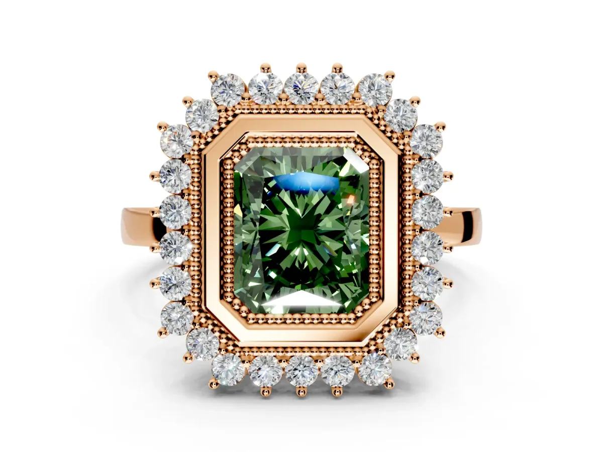 Halo Engagement Ring Setting for Fancy Green Radiant Cut Center with Milgrain Bezel Rim, Plain Band and Prong Head in Rose Gold