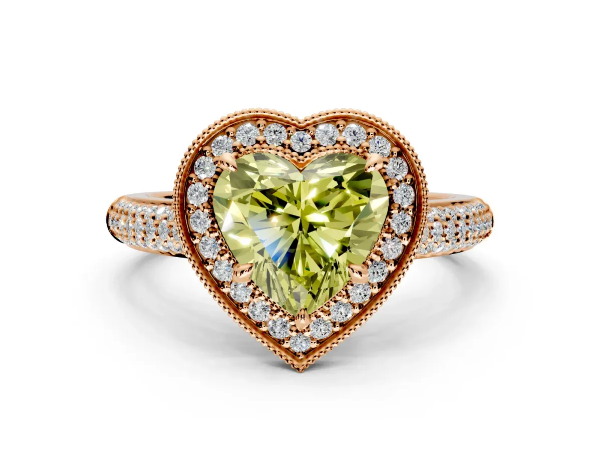 Milgrain Halo Engagement Ring Setting for Fancy Yellow Heart-Shaped Center with Three-Sided Pave Band and Prong Head in Rose Gold