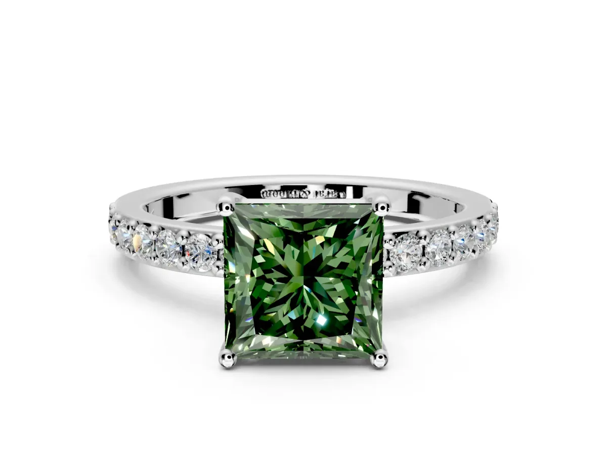 Solitaire Engagement Ring Setting for Fancy Green Princess Cut Center with Round Cut Pave Band and Prong Head in White Gold
