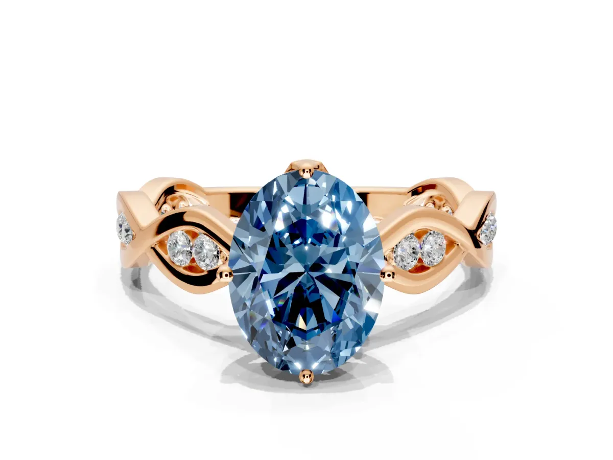 Solitaire Engagement Ring Setting for Fancy Blue Oval Center with Accented Twist Band and Leaf Prong Head in Rose Gold