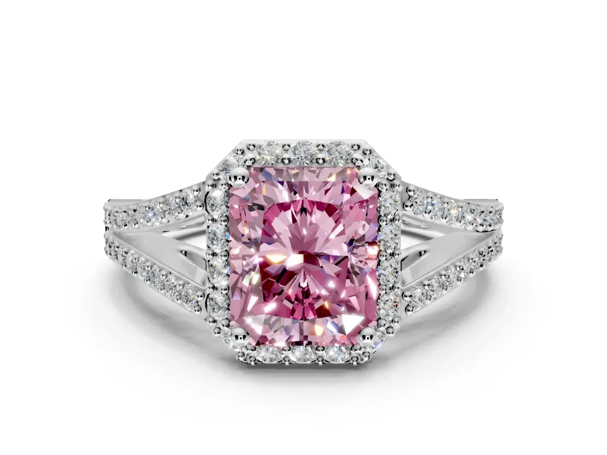 Halo Engagement Ring Setting for Fancy Pink Radiant Cut Center with Pave Split Shank and Prong Head in Sterling Silver
