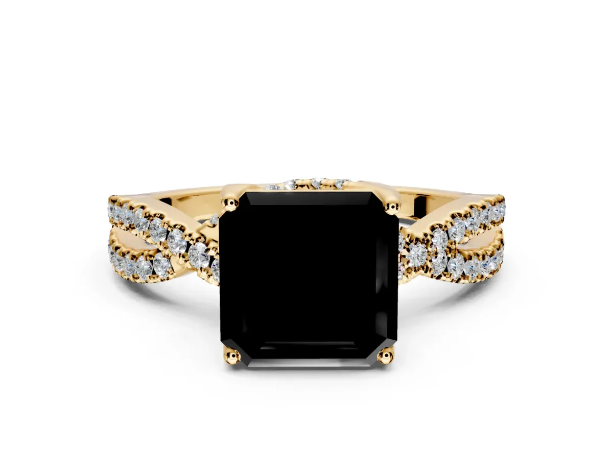 Solitaire Engagement Ring Setting for Fancy Black Asscher Cut Center with Narrow Twist Pave Band and Prong Head in Yellow Gold