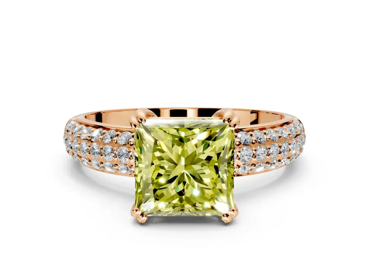 Solitaire Engagement Ring Setting for Fancy Yellow Princess Cut Center with Multi-Row Pave Accents and Basket Head in Rose Gold