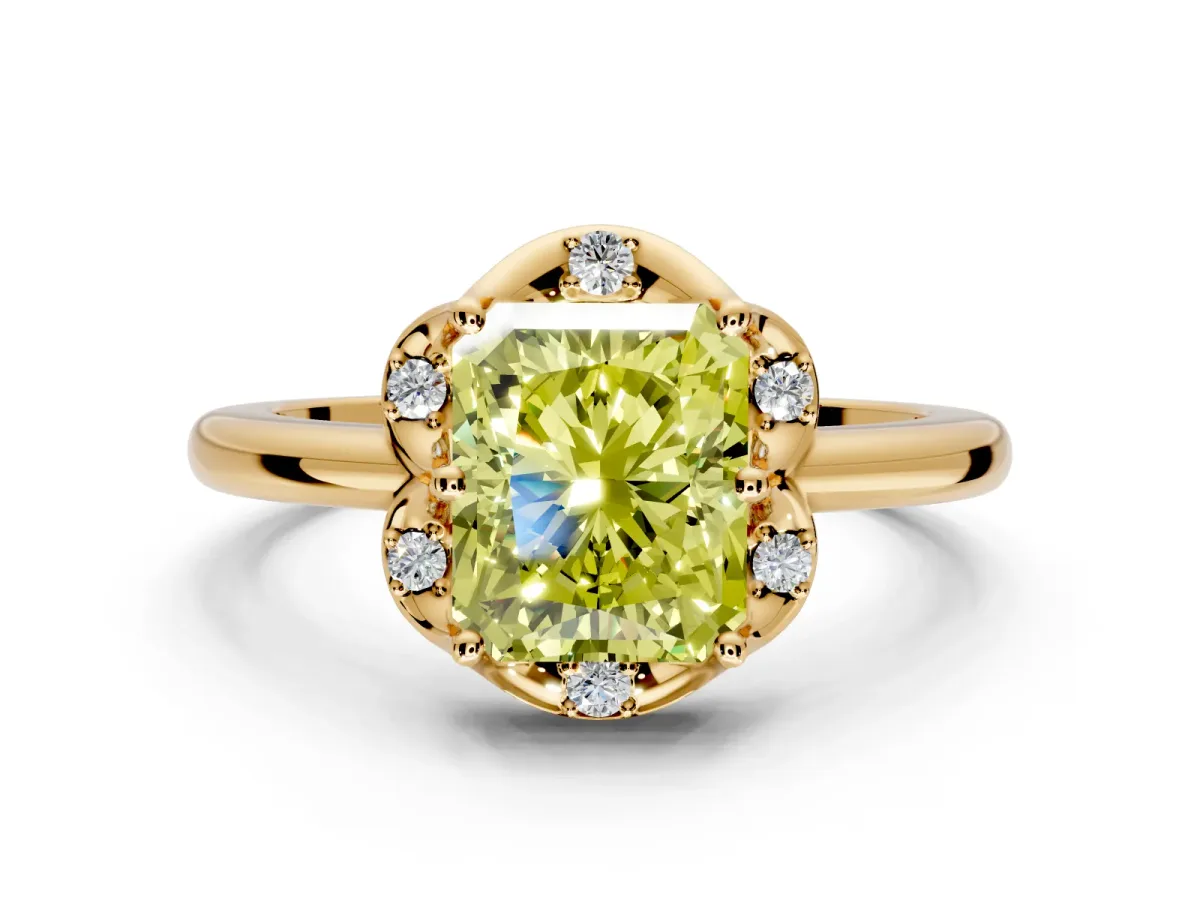 Floral Frame Engagement Ring Setting for Fancy Yellow Radiant Cut Center with Accent Clusters and Prong Head in Yellow Gold