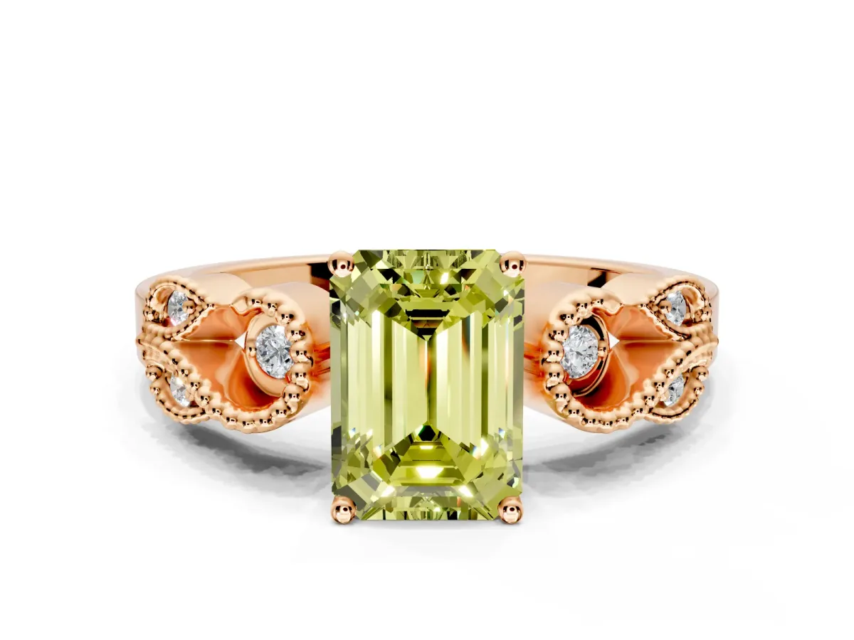 Leaf Engagement Ring Setting for Fancy Yellow Emerald Cut Center with Milgrain Accent Band and Prong Head in Rose Gold