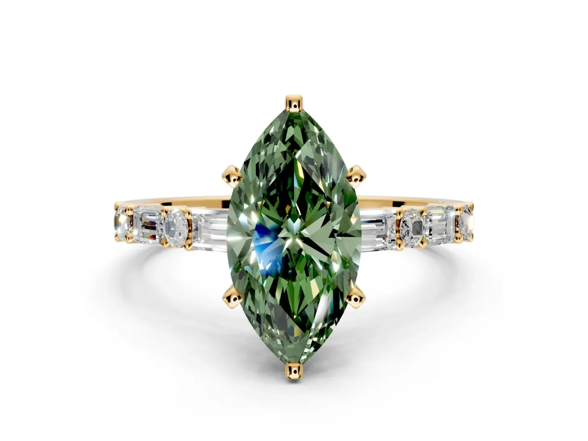 Baguette Engagement Ring Setting for Fancy Green Marquise Center with Alternating Bar-Set Band and Prong Head in Yellow Gold