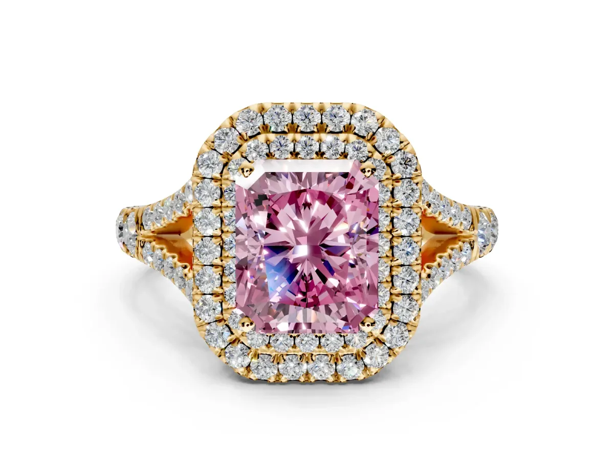 Double Halo Engagement Ring Setting for Fancy Pink Radiant Cut Center with Narrow Pave Split Shank and Prong Head in Yellow Gold
