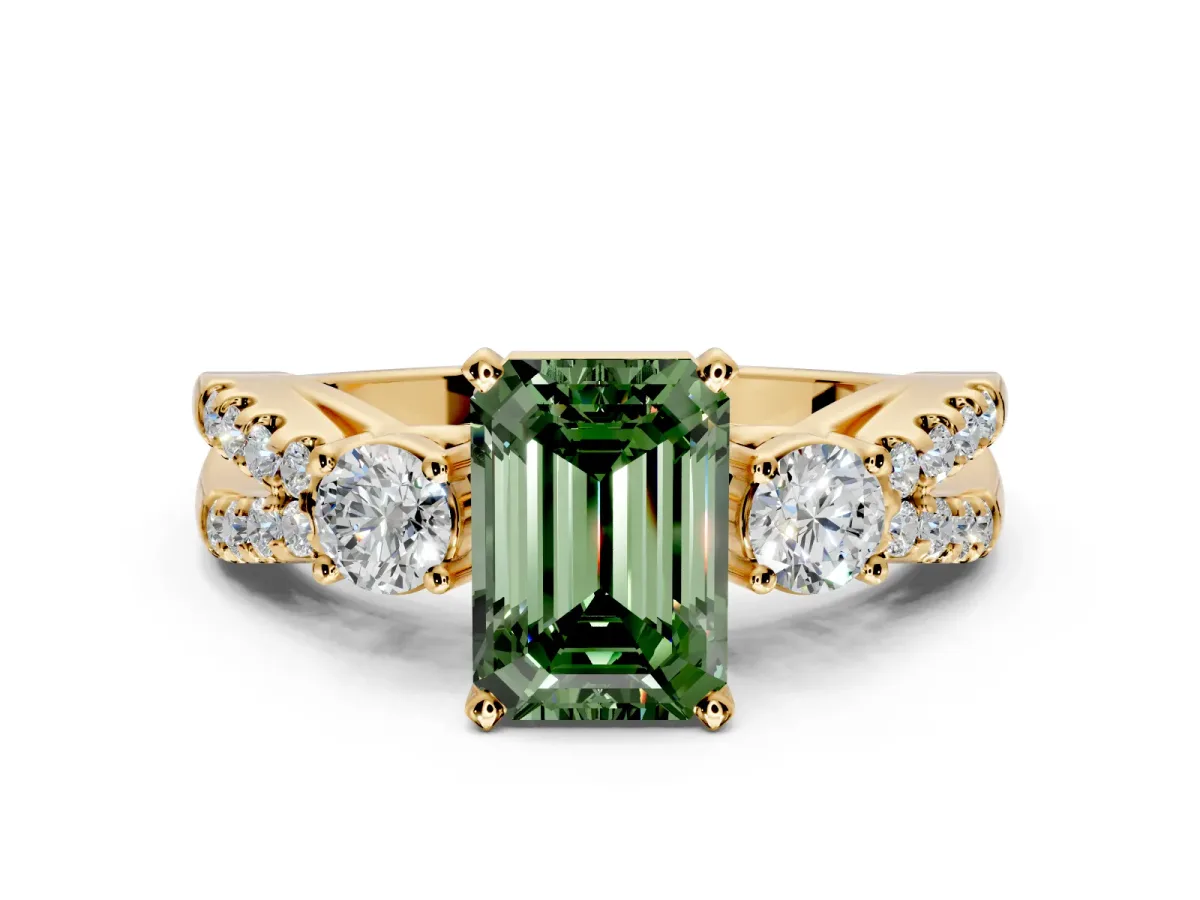 3 Stone Engagement Ring Setting for Fancy Green Emerald Cut Center with Pave Split Shank and Prong Head in Yellow Gold