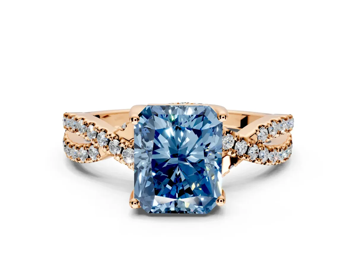 Solitaire Engagement Ring Setting for Fancy Blue Radiant Cut Center with Narrow Twist Pave Band and Prong Head in Rose Gold