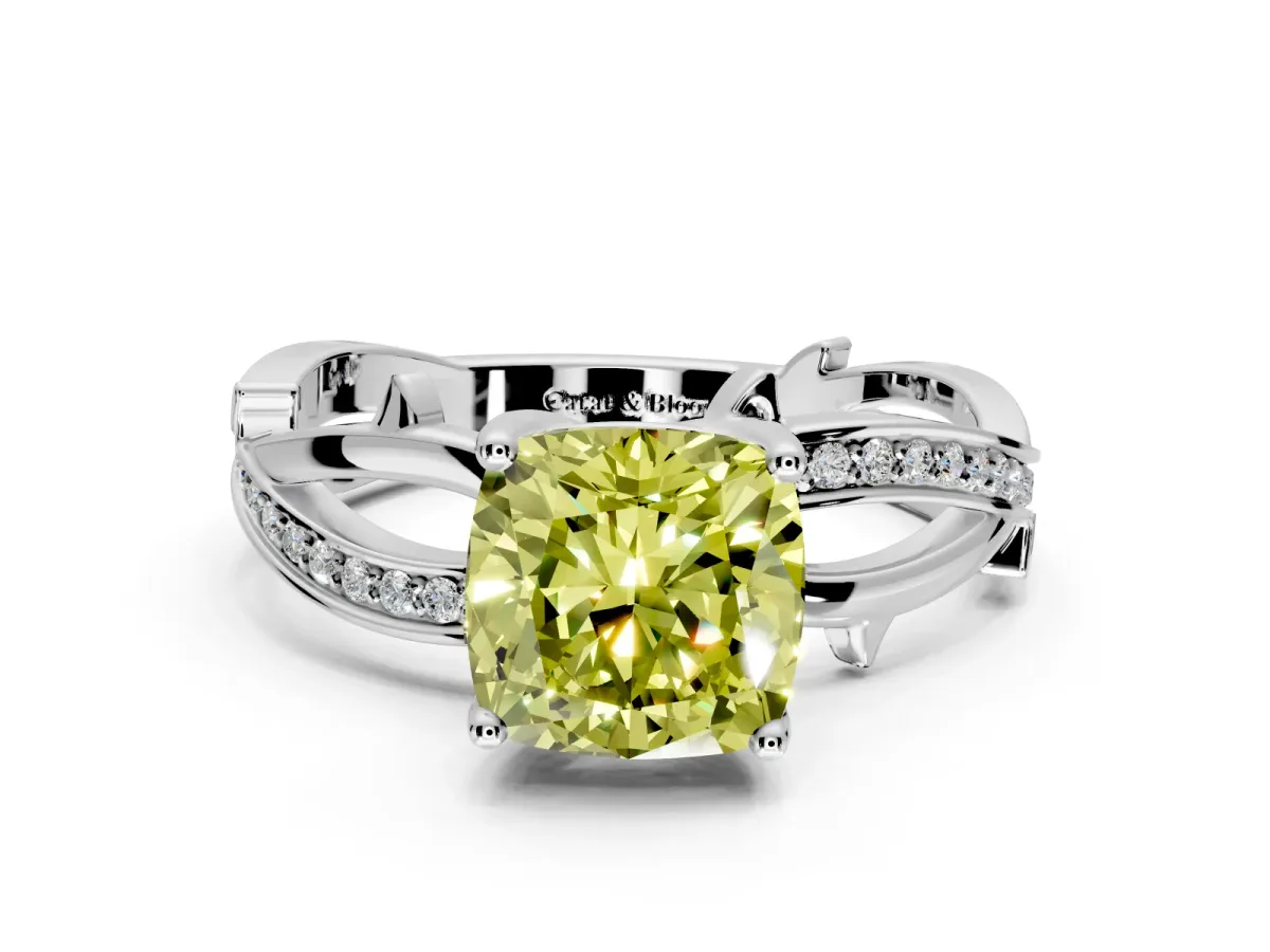 Solitaire Engagement Ring Setting for Fancy Yellow Cushion Cut Center with Pave and Plain Crossover Band and Prong Head in Sterling Silver