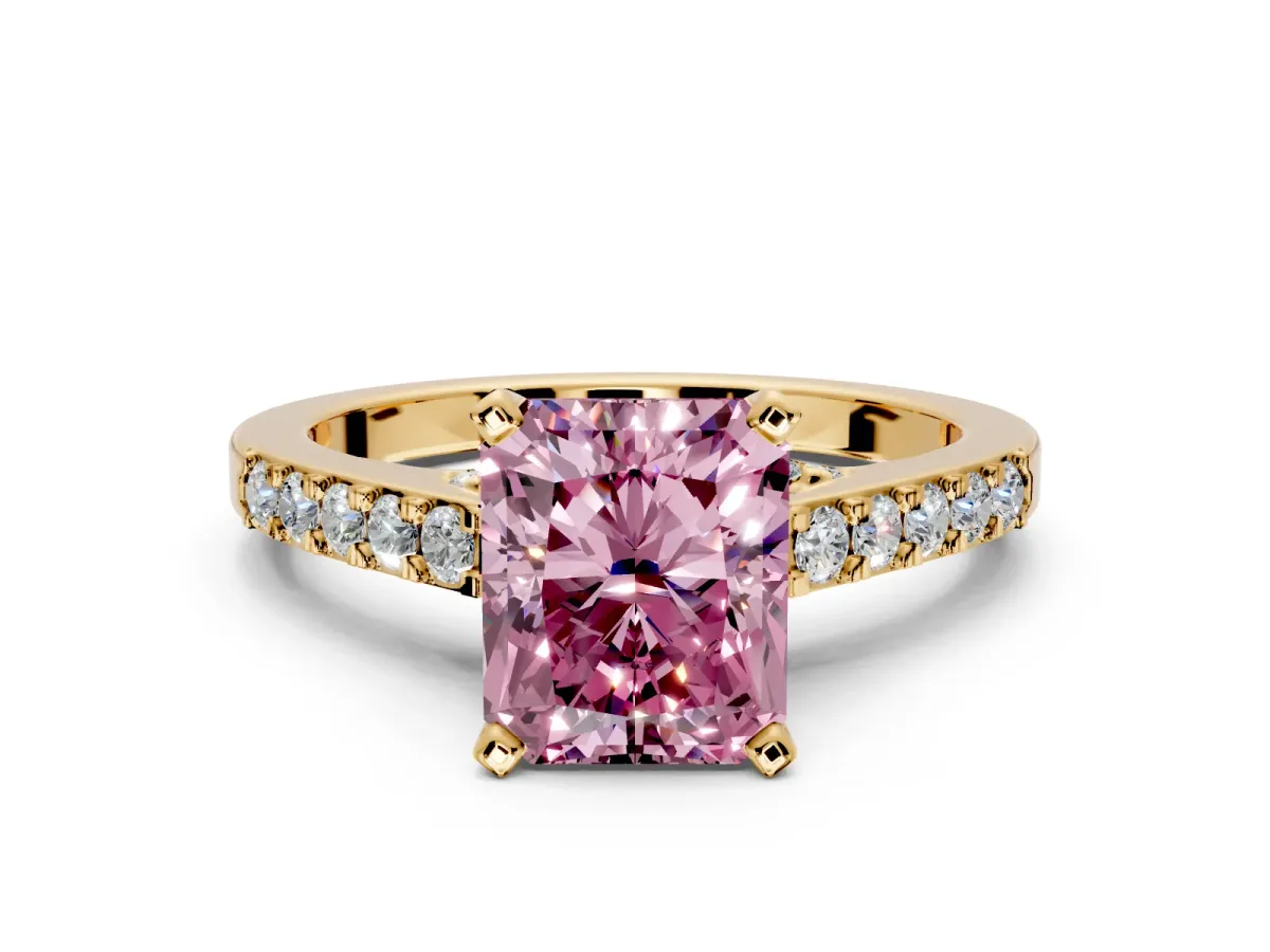 Solitaire Engagement Ring Setting for Fancy Pink Radiant Cut Center with Crossover Accents and Prong Head in Yellow Gold