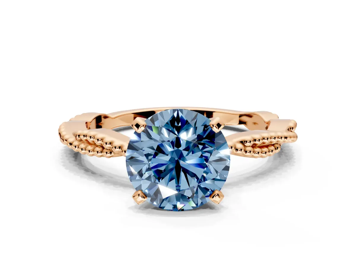 Solitaire Engagement Ring Setting for Fancy Blue Round Cut Center with Twist Band and Bead Prong Head in Rose Gold