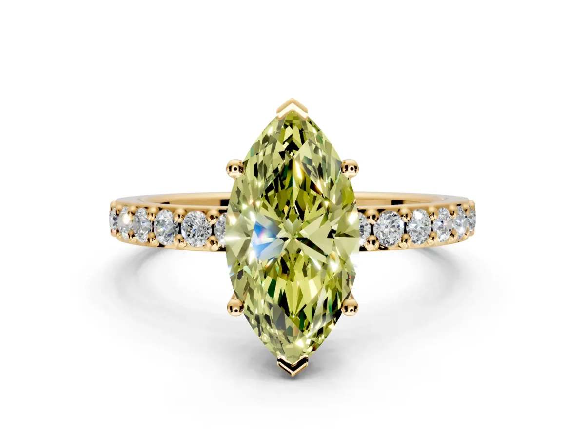 Solitaire Engagement Ring Setting for Fancy Yellow Marquise Center with Round Cut Pave Band and Prong Head in Yellow Gold