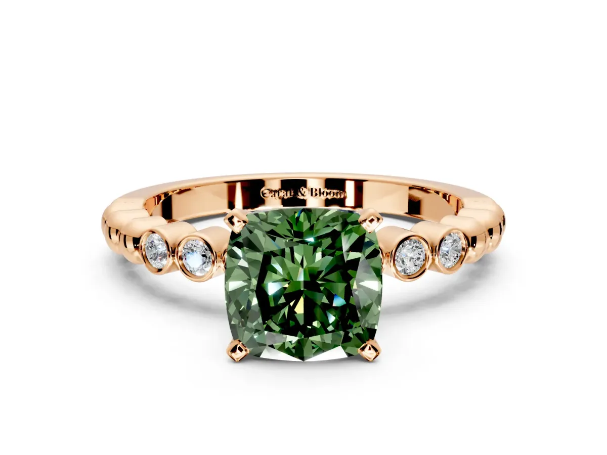 Solitaire Engagement Ring Setting for Fancy Green Cushion Cut Center with Bezel-Dot Beaded Band and Prong Head in Rose Gold