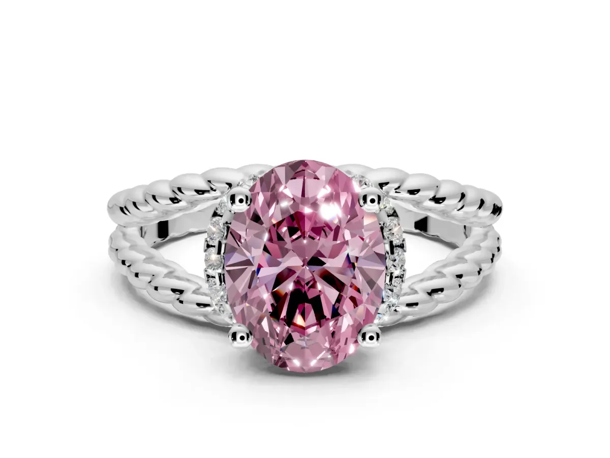 Halo Engagement Ring Setting for Fancy Pink Oval Center with Rope Twist Split Shank and Prong Head in Sterling Silver