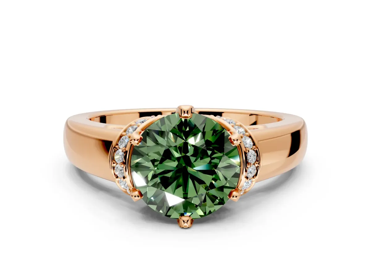 Solitaire Engagement Ring Setting for Fancy Green Round Cut Center with Wide Band, Pave Collar and Prong Head in Rose Gold