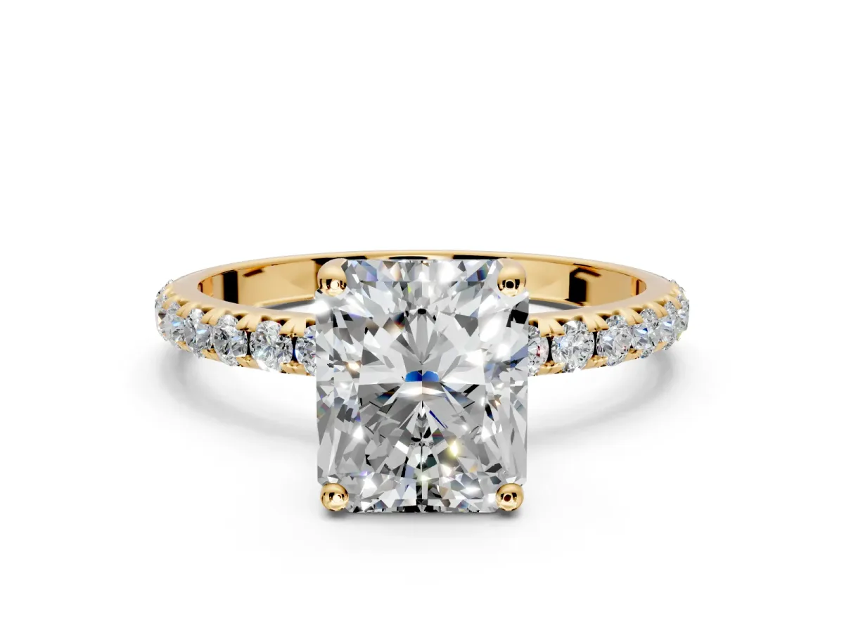 Solitaire Engagement Ring Setting for Radiant Cut Center with Micro Pave Band and Prong Head in Yellow Gold