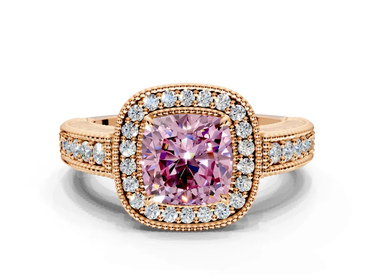 Milgrain Halo Engagement Ring Setting for Fancy Pink Cushion Cut Center with Pave Band and Prong Head in Rose Gold