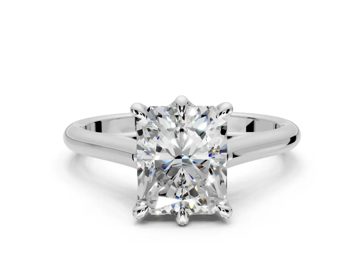Solitaire Engagement Ring Setting for Radiant Cut Center with Cathedral Band and Prong Head in White Gold