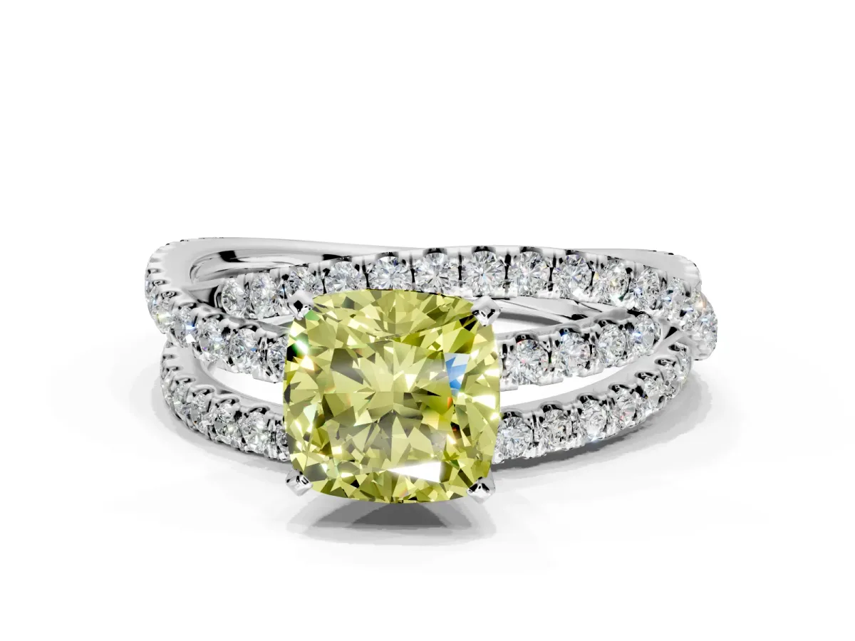 Solitaire Engagement Ring Setting for Fancy Yellow Cushion Cut Center with Woven 3-Strand Pave Band and Prong Head in White Gold