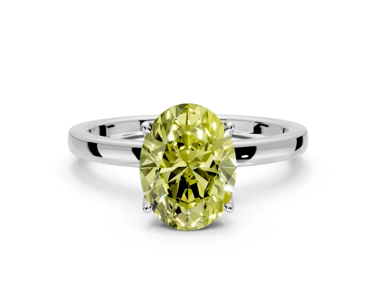 Solitaire Engagement Ring Setting for Fancy Yellow Oval Center with Thin Rounded Plain Band and Prong Head in Platinum