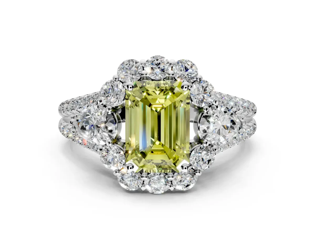 Halo Engagement Ring Setting for Fancy Yellow Emerald Cut Center with Two-Strand Split Shank and Prong Head in Platinum