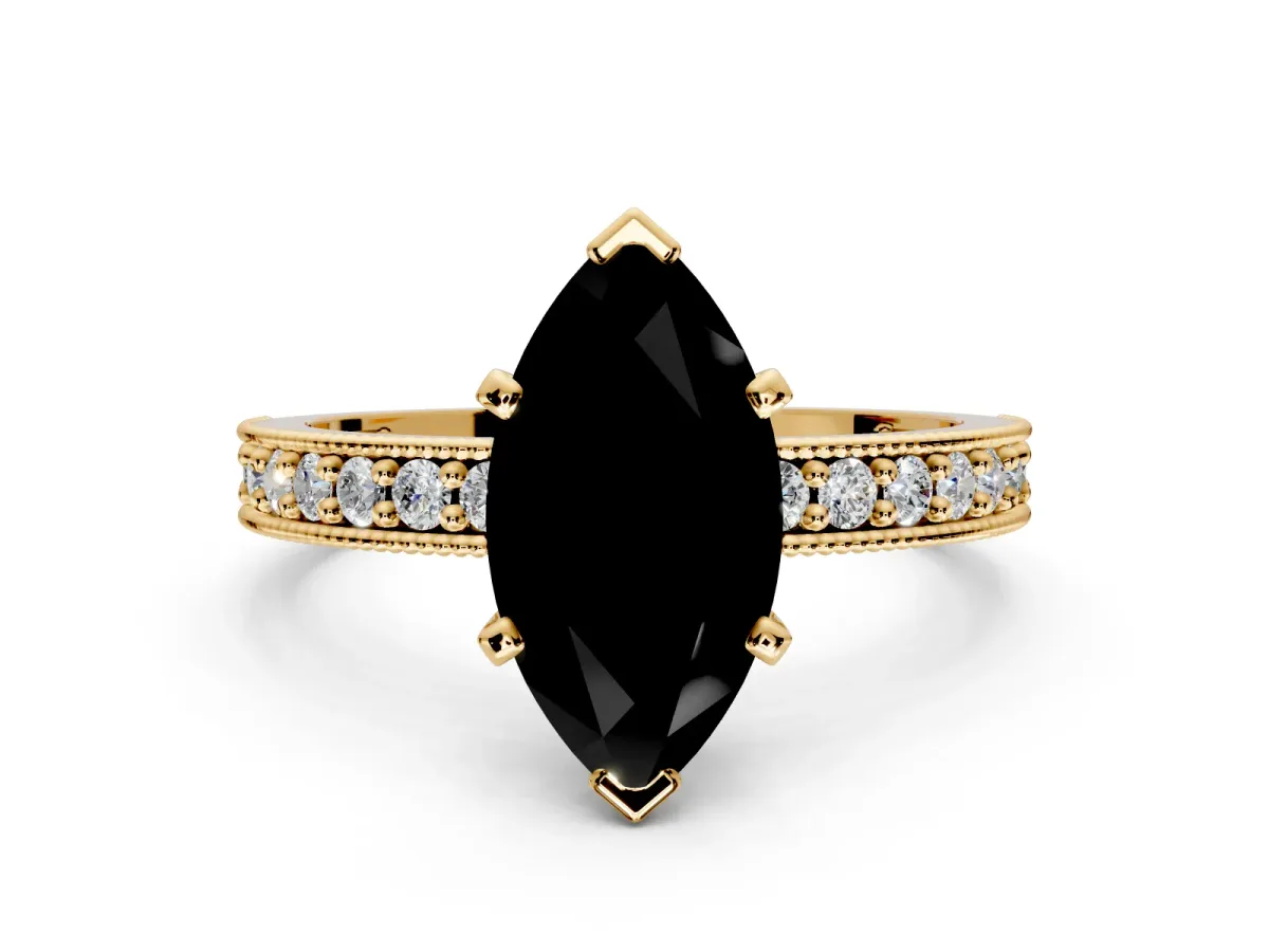 Milgrain Pave Engagement Ring Setting for Fancy Black Marquise Center with Accent Band and Prong Head in Yellow Gold