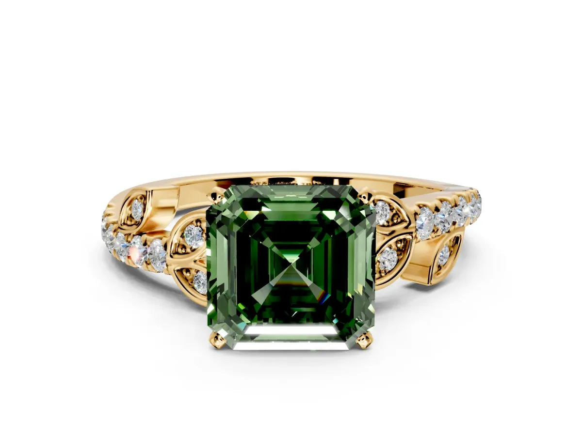 Leaf Motif Engagement Ring Setting for Fancy Green Asscher Cut Center with Pave Band and Prong Head in Yellow Gold