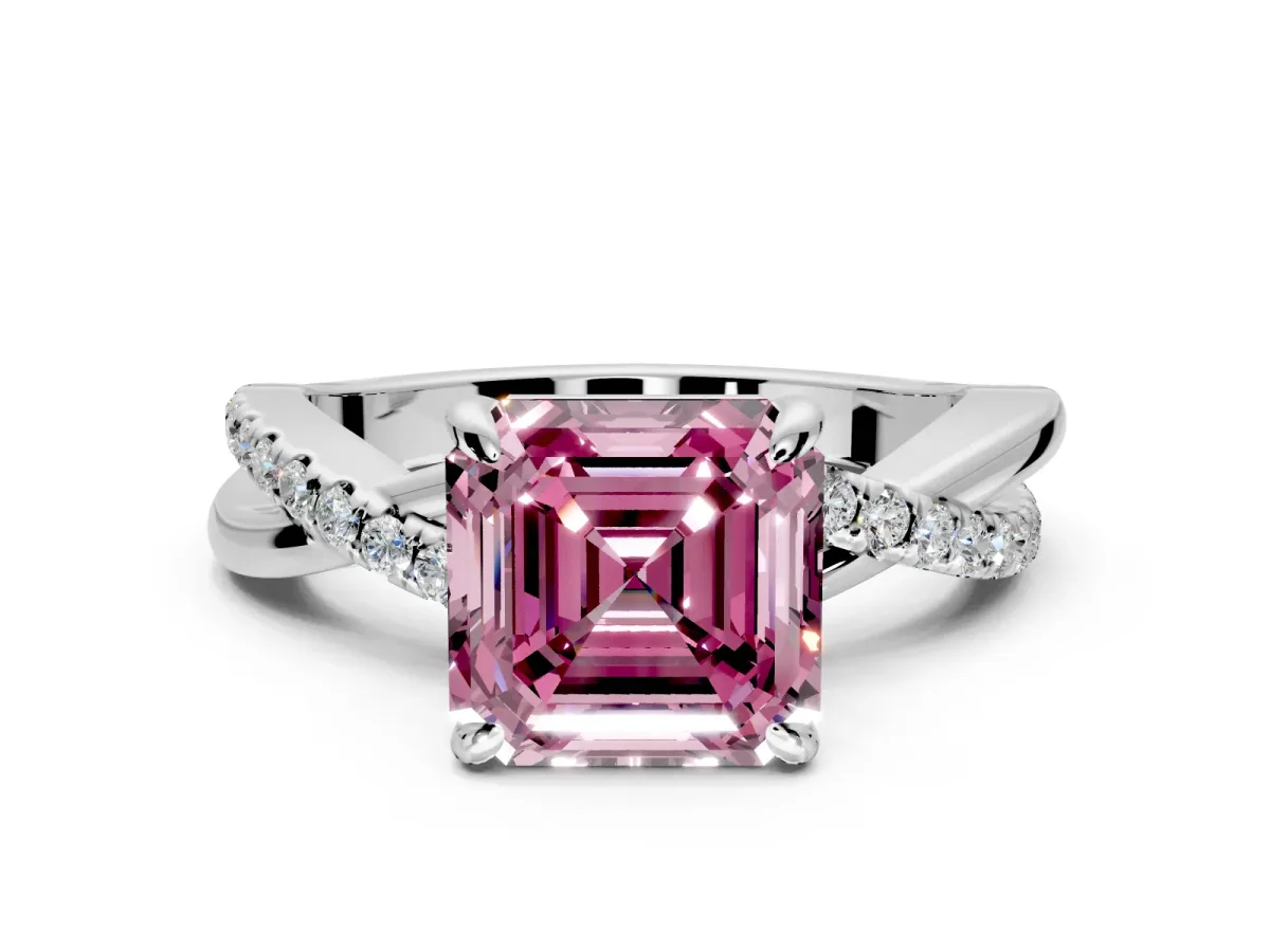 Solitaire Engagement Ring Setting for Fancy Pink Asscher Cut Center with Half-Pave Crossover Band and Prong Head in Platinum