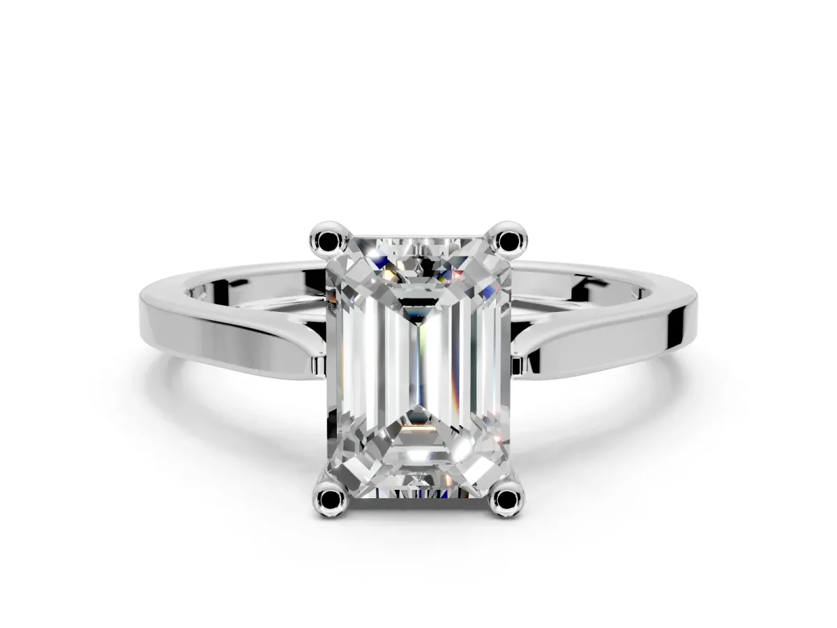 Solitaire Engagement Ring Setting for Emerald Cut Center with Tapered Shoulders and Prong Head in Sterling Silver