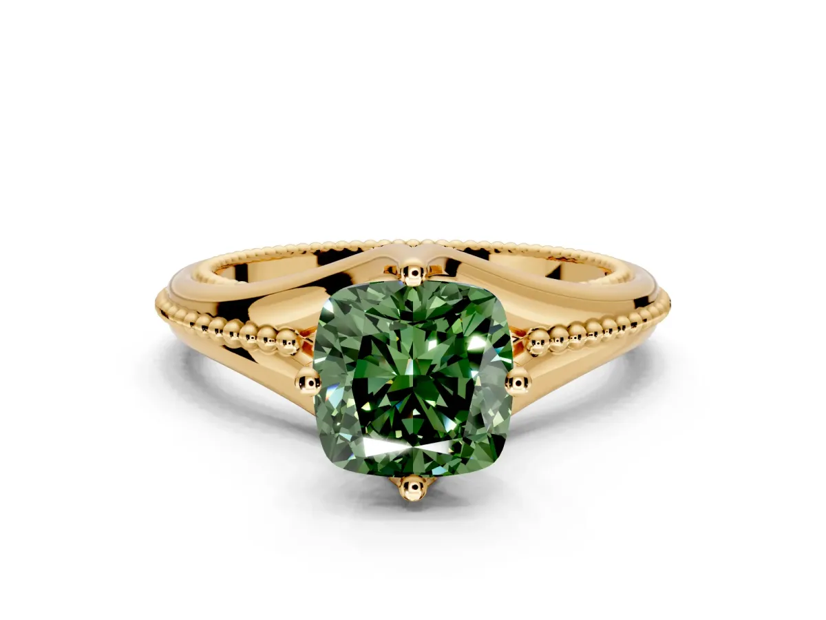 Solitaire Engagement Ring Setting for Fancy Green Cushion Cut Center with Milgrain Cathedral Band and Prong Head in Yellow Gold
