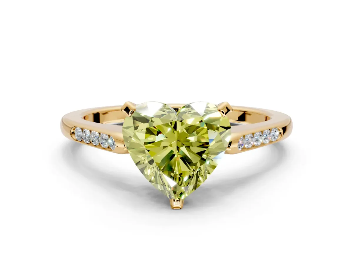 Solitaire Engagement Ring Setting for Fancy Yellow Heart-Shaped Center with Channel Accents and Prong Head in Yellow Gold