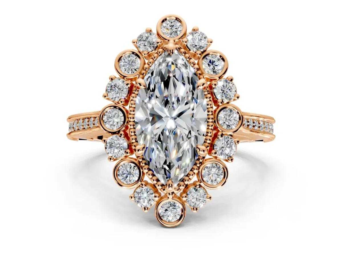 Milgrain Halo Engagement Ring Setting for Marquise Center with Bezel Point Accents and Prong Head in Rose Gold