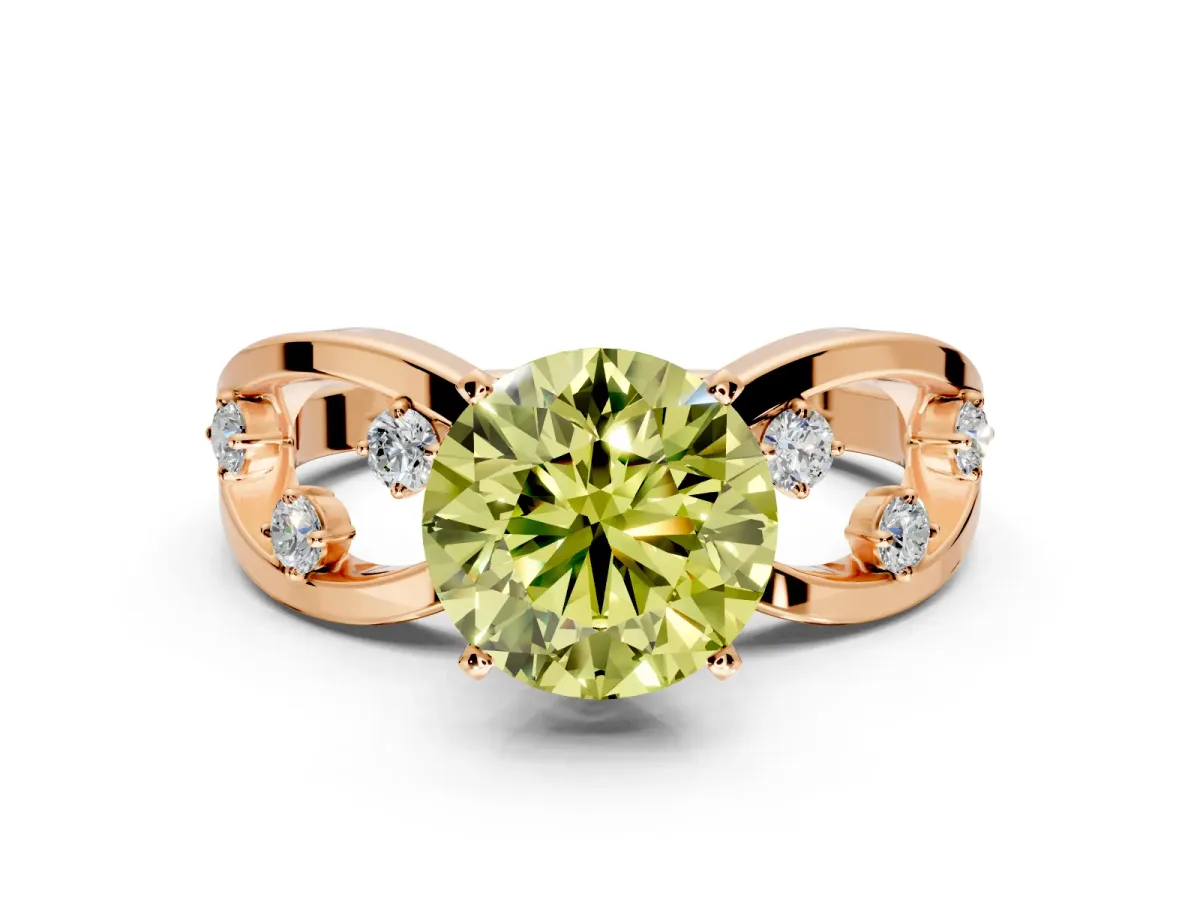 Solitaire Engagement Ring Setting for Fancy Yellow Round Cut Center with Criss-Cross Accent Band and Prong Head in Rose Gold