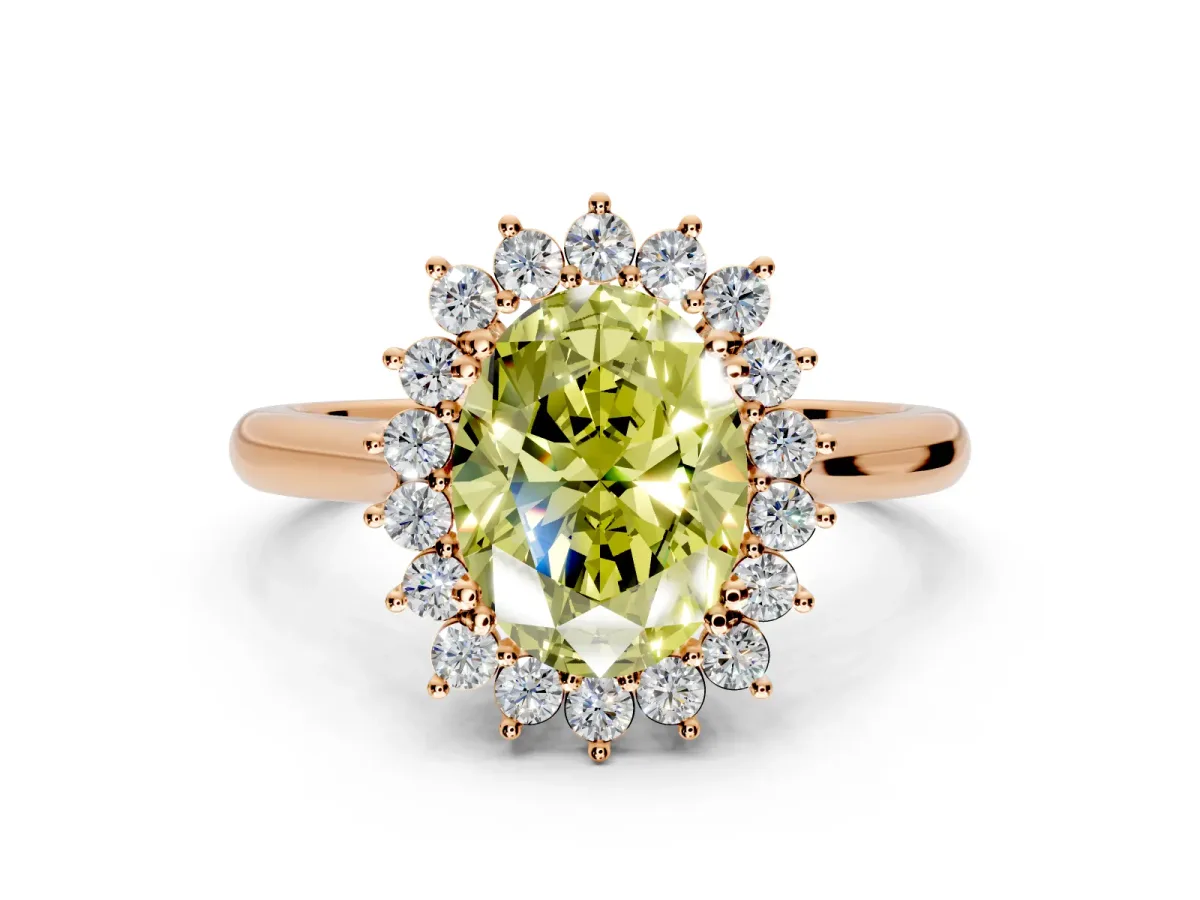 Starburst Halo Engagement Ring Setting for Fancy Yellow Oval Center with Thin Round-Wire Band and Prong Head in Rose Gold