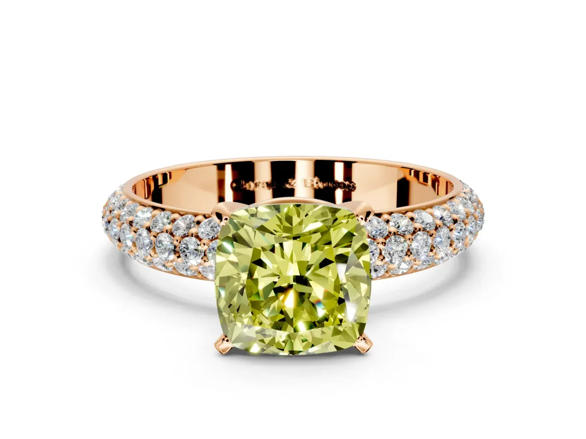 Solitaire Engagement Ring Setting for Fancy Yellow Cushion Cut Center with Domed Multi-Row Pave Band and Prong Head in Rose Gold