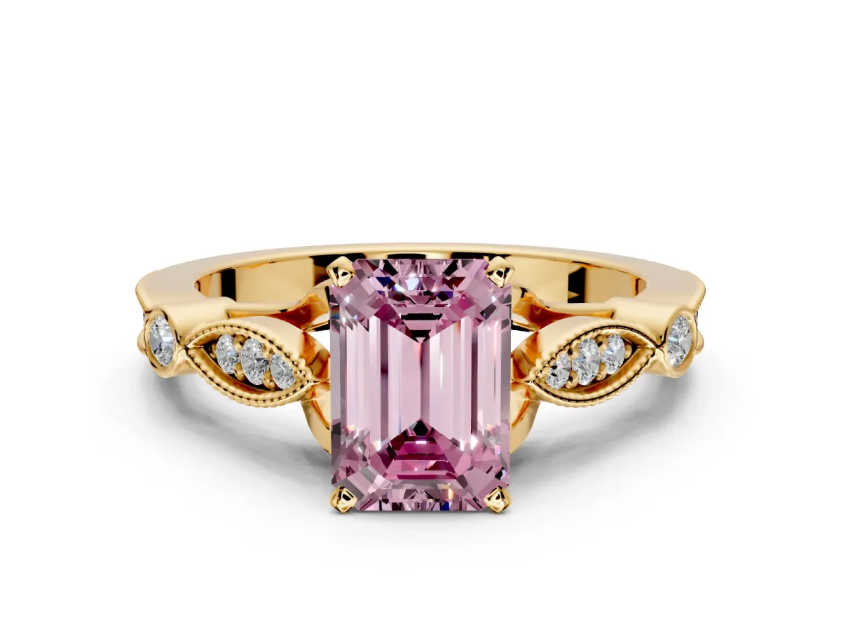 Solitaire Engagement Ring Setting for Fancy Pink Emerald Cut Center with Marquise and Bezel Accents and Prong Head in Yellow Gold
