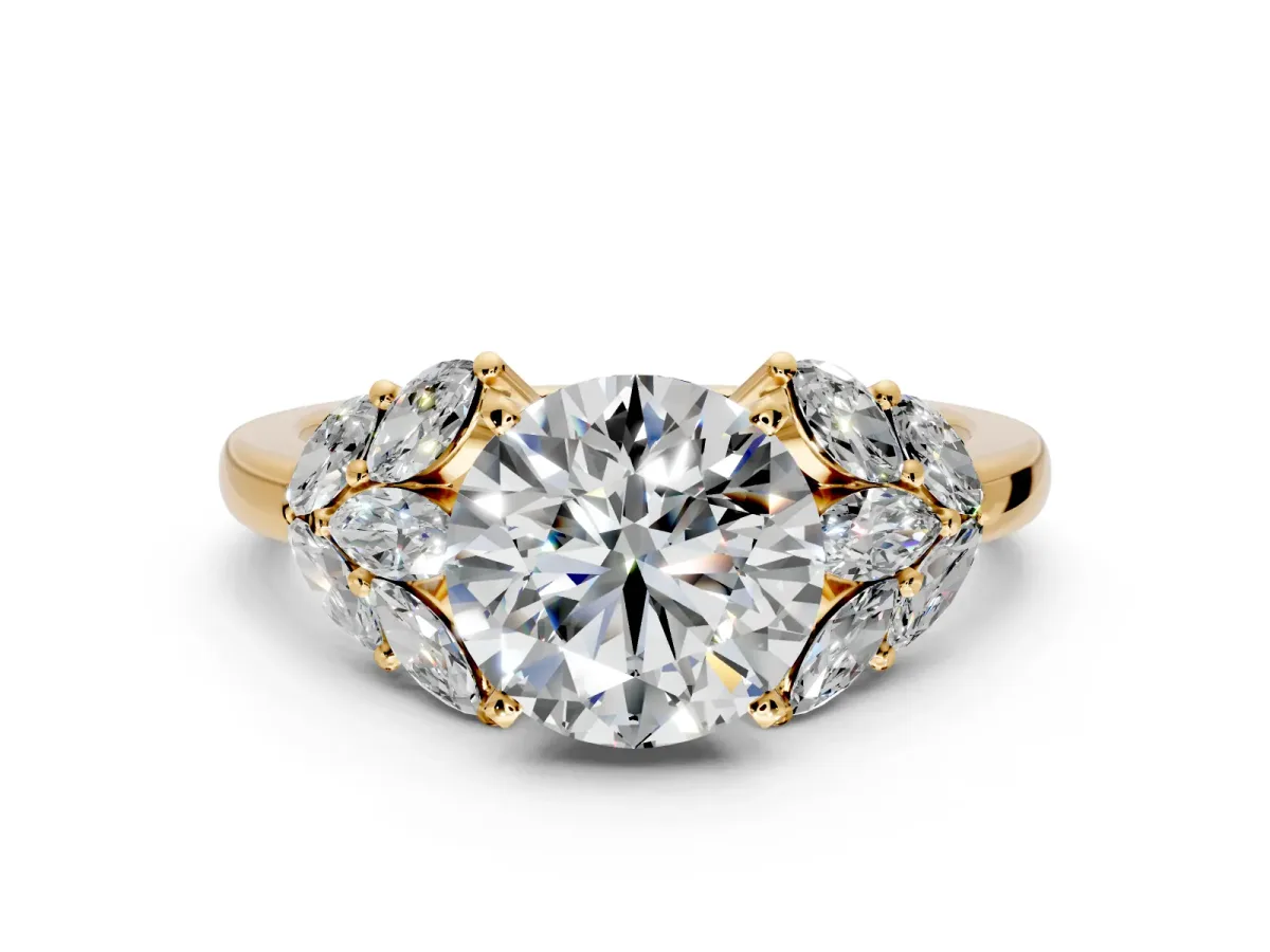 Leaf Cluster Engagement Ring Setting for Round Cut Center with Marquise Accents and Prong Head in Yellow Gold