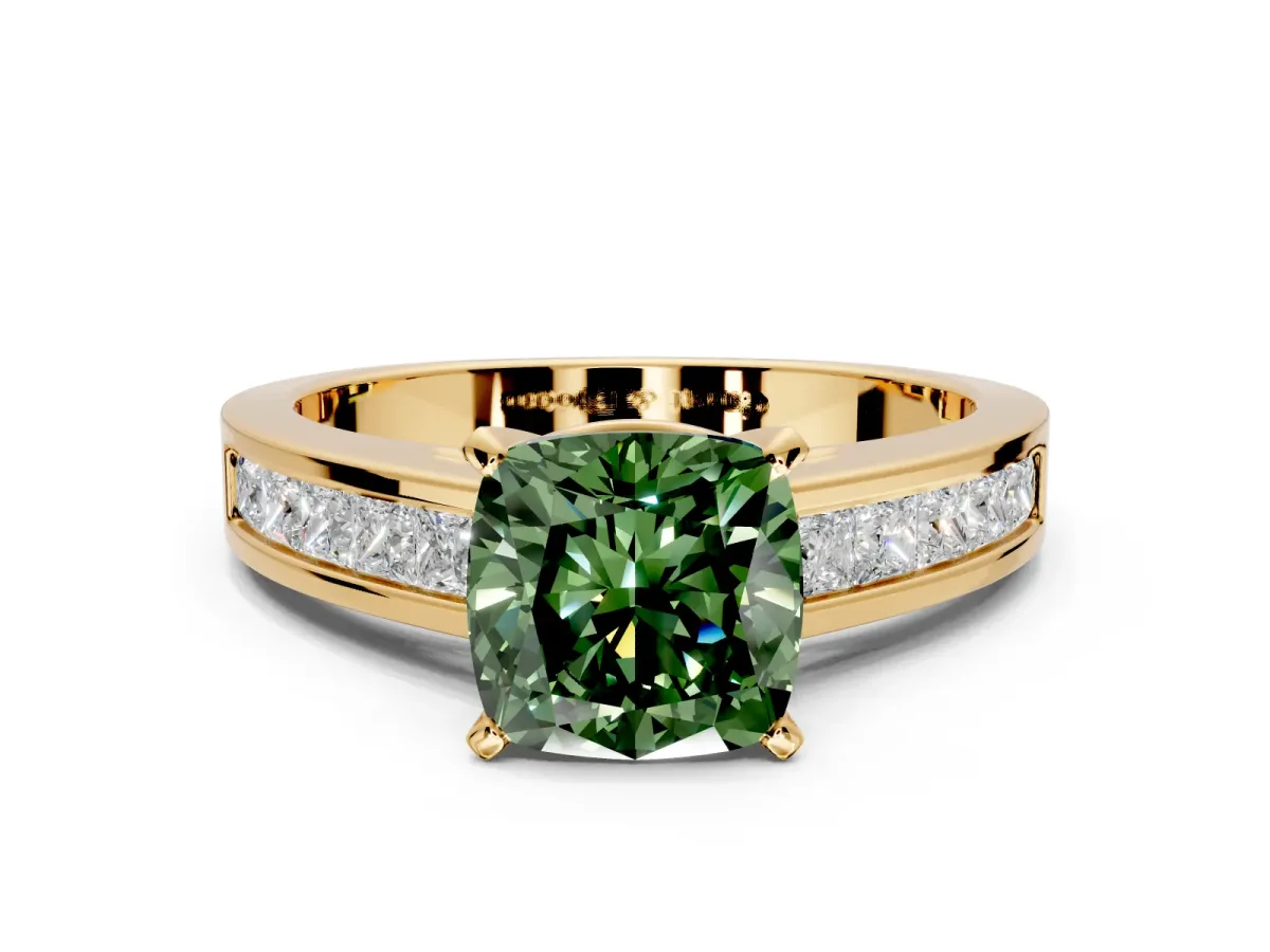Solitaire Engagement Ring Setting for Fancy Green Cushion Cut Center with Princess Cut Channel Band and Prong Head in Yellow Gold