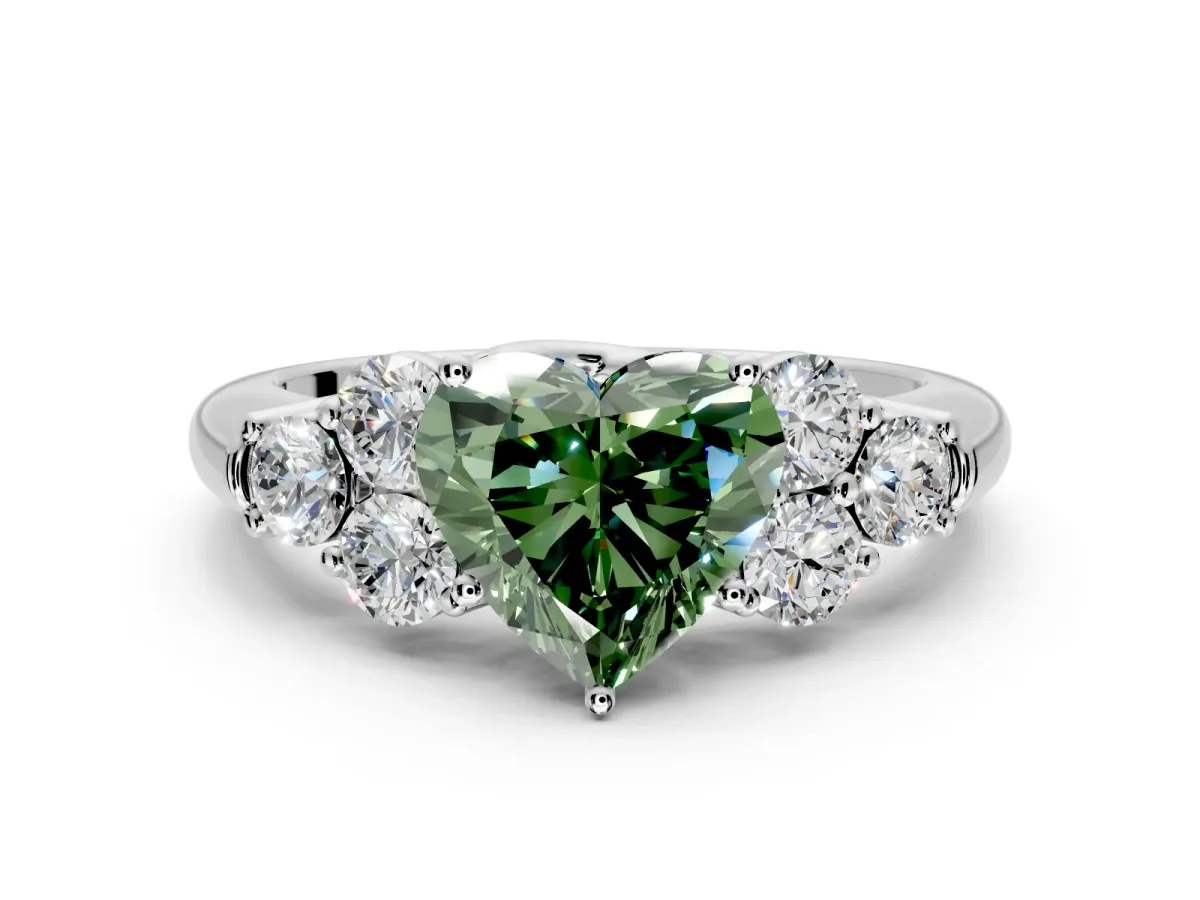 Cluster Engagement Ring Setting for Fancy Green Heart-Shaped Center with Round Cut Accent Frame and Prong Head in Platinum