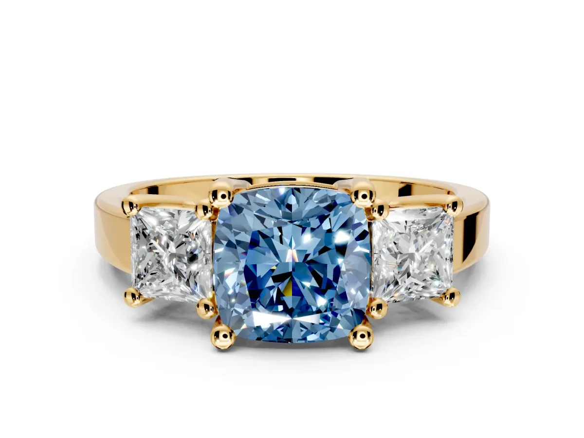 3 Stone Engagement Ring Setting for Fancy Blue Cushion Cut Center with Matching Side Accents and Prong Head in Yellow Gold