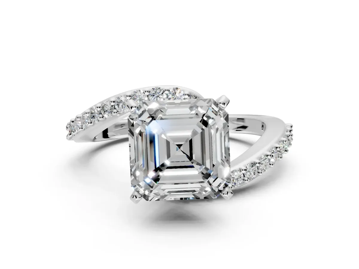 Solitaire Engagement Ring Setting for Asscher Cut Center with Pave Bypass Swirl Band and Prong Head in Sterling Silver