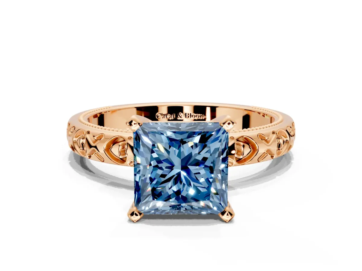 Solitaire Engagement Ring Setting for Fancy Blue Princess Cut Center with XO Engraved Band and Prong Head in Rose Gold