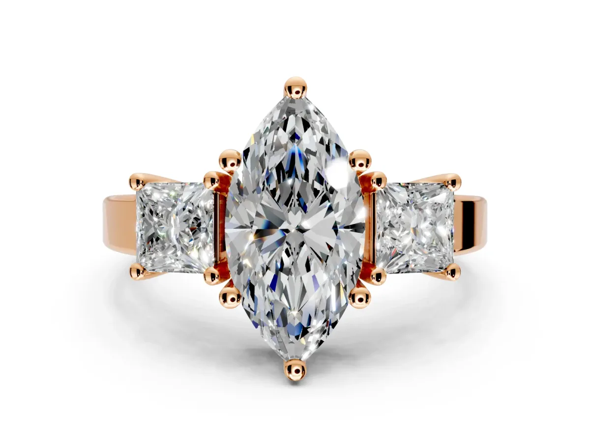 3 Stone Engagement Ring Setting for Marquise Center with Matching Side Accents and Prong Head in Rose Gold