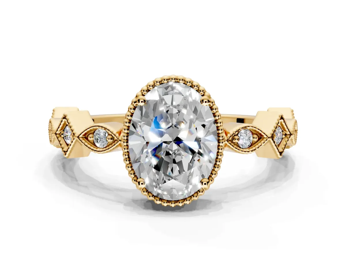 Milgrain Bezel Engagement Ring Setting for Oval Center with Marquise Stations and Bezel Head in Yellow Gold
