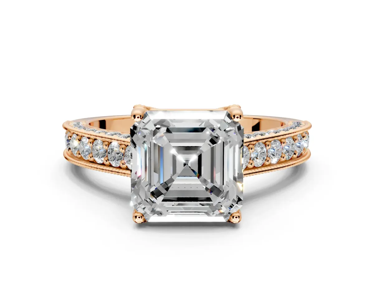 Solitaire Engagement Ring Setting for Asscher Cut Center with Milgrain-Framed Pave Band and Prong Head in Rose Gold