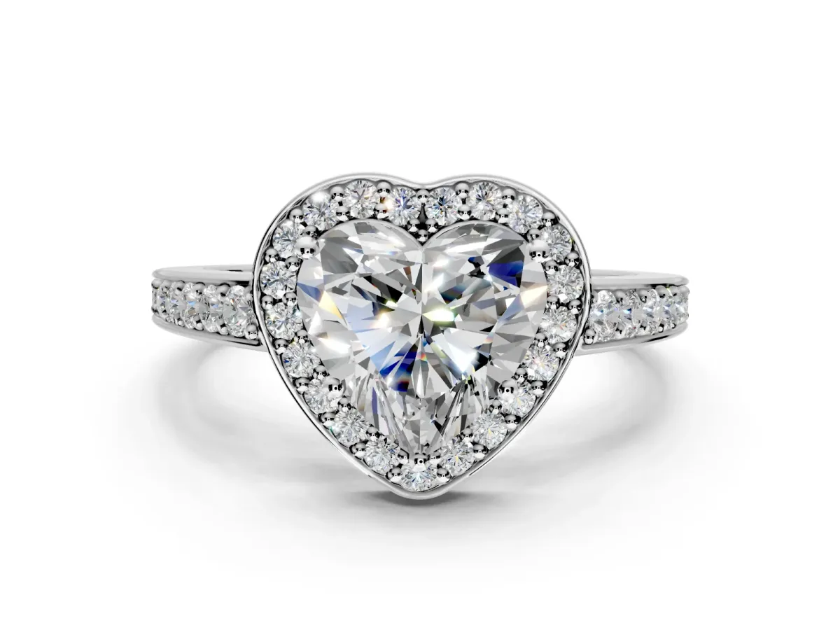 Bezel-Framed Halo Engagement Ring Setting for Heart-Shaped Center with Pave Band and Prong Head in Sterling Silver