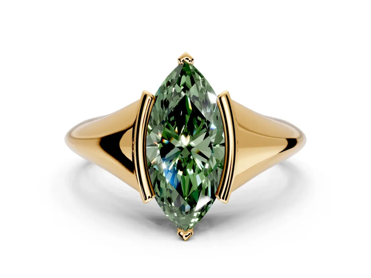 Tension Engagement Ring Setting for Fancy Green Marquise Center with Wide Tapered Band and Tension Head in Yellow Gold