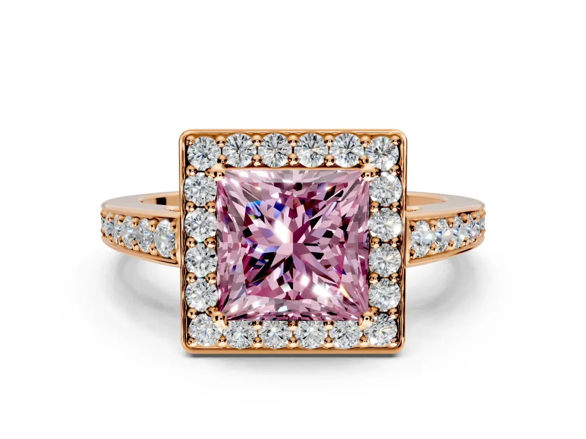 Bezel-Framed Halo Engagement Ring Setting for Fancy Pink Princess Cut Center with Pave Band and Prong Head in Rose Gold
